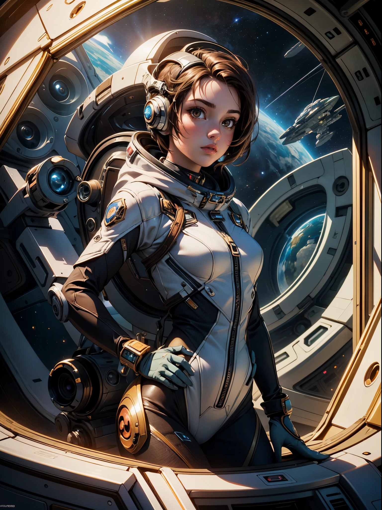 ((Best Quality)), (Masterpiece)), (Details: 1.4), 3D, Absurd Resolution, High Resolution, (Masterpiece: 1.4), Ultra Detailed, Beautiful Girl 1 Person, Futuristic Woman Image, Sparkling Brown Hair, Beautiful Brown Eyes, Beautiful Face, 20 Years Old, Spaceship, Floating, Small, Spacesuit, Spaceship, Window, Future, Dynamic Pose, Change of Clothes