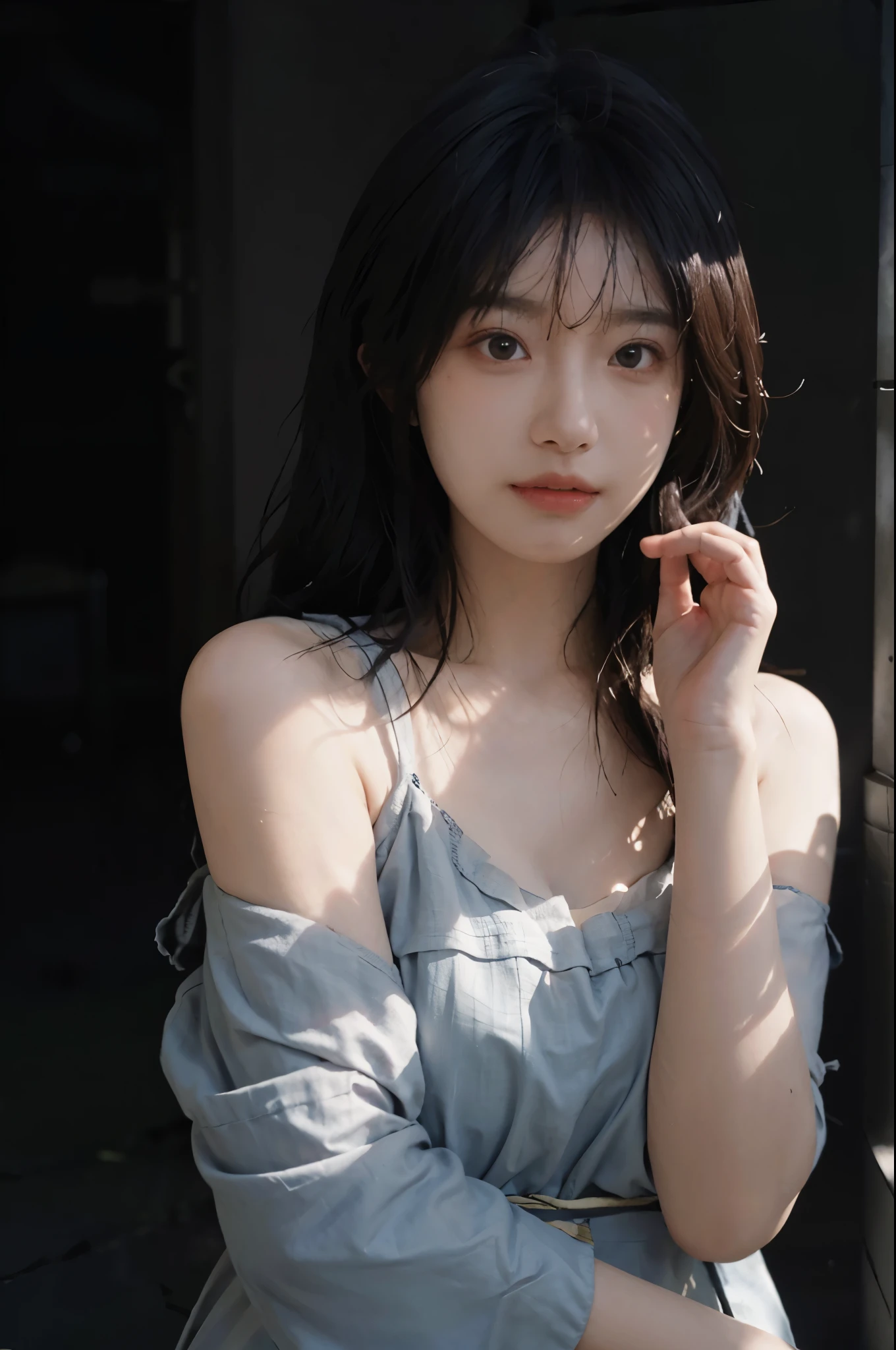 (realistic :1.5), official art, Unity 8k quality, Super details, Fine skin details, (angle), Texture, light, masterpiece, best picture quality,1 girl,giggle,curls,big eyes,Shoulder,in the darkness,deep shadow,clp style,backlight, rim light, national foundation,Mix 4,hanfu,real