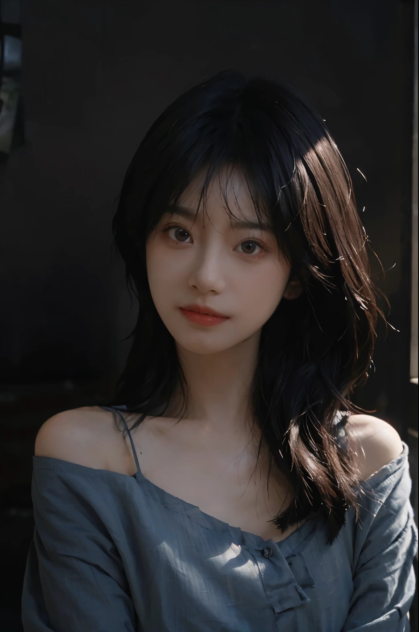 (realistic :1.5), official art, Unity 8k quality, Super details, Fine skin details, (angle), Texture, light, masterpiece, best picture quality,1 girl,giggle,curls,big eyes,Shoulder,in the darkness,deep shadow,clp style,backlight, rim light, national foundation,Mix 4,hanfu,real