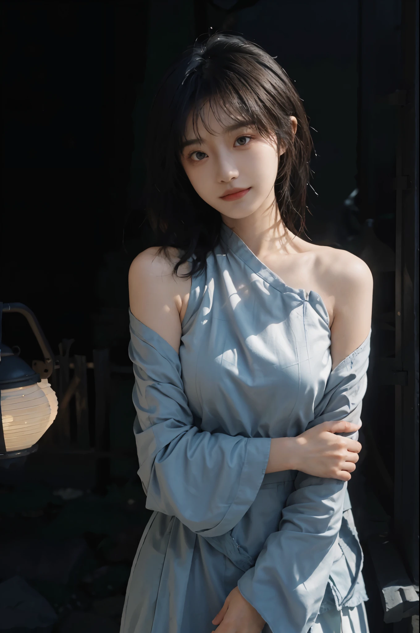 (realistic :1.5), official art, Unity 8k quality, Super details, Fine skin details, (angle), Texture, light, masterpiece, best picture quality,1 girl,giggle,curls,big eyes,Shoulder,in the darkness,deep shadow,clp style,backlight, rim light, national foundation,Mix 4,hanfu,real