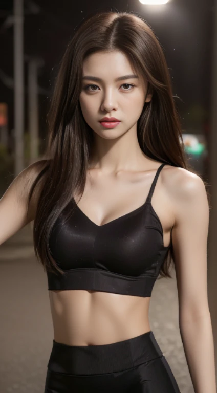 ((Realistic lighting, Best quality, 8K, Masterpiece: 1.3)), Clear focus: 1.2, 1girl, Perfect Figure: 1.4, Slim Abs: 1.1, ((Dark brown hair)), (Bare midriff: 1.4), (Outdoor, Night: 1.1), City streets, Super fine face, Fine eyes, Double eyelids,