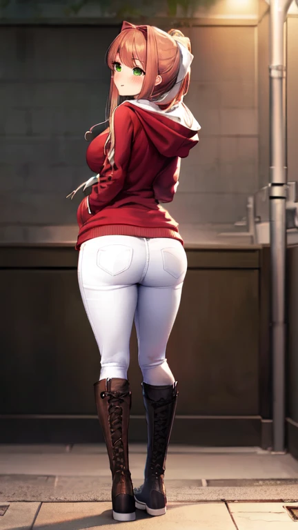 (Monika wearing a ((emerald green zip up hoodie)), (white jeans), and black knee high lace up converse boots with round toes), Large breasts, thick thighs, cute, full body image, back view, long hair, green eyes, quality images, ((high quality faces)), underground, standing, shy and cute posing, blushing