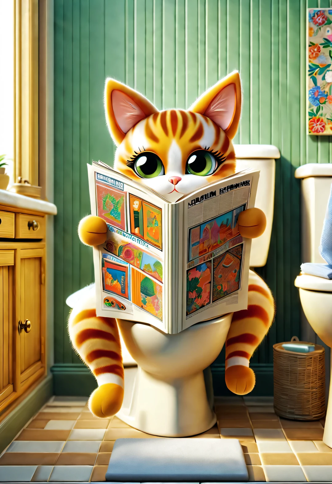 With folk art style,
(A cute female cat sits on the toilet and reads a thick and large fashion magazine), (Wearing eyes：1.0), golden pajamas, Wear hip-hop style pajamas and over-the-top pajamas, Detailed and beautiful details,
background: Bathroom 3D rendering, cartoon, illustration, Pixar, cartoon, ultra high definition, high quality, 32k,