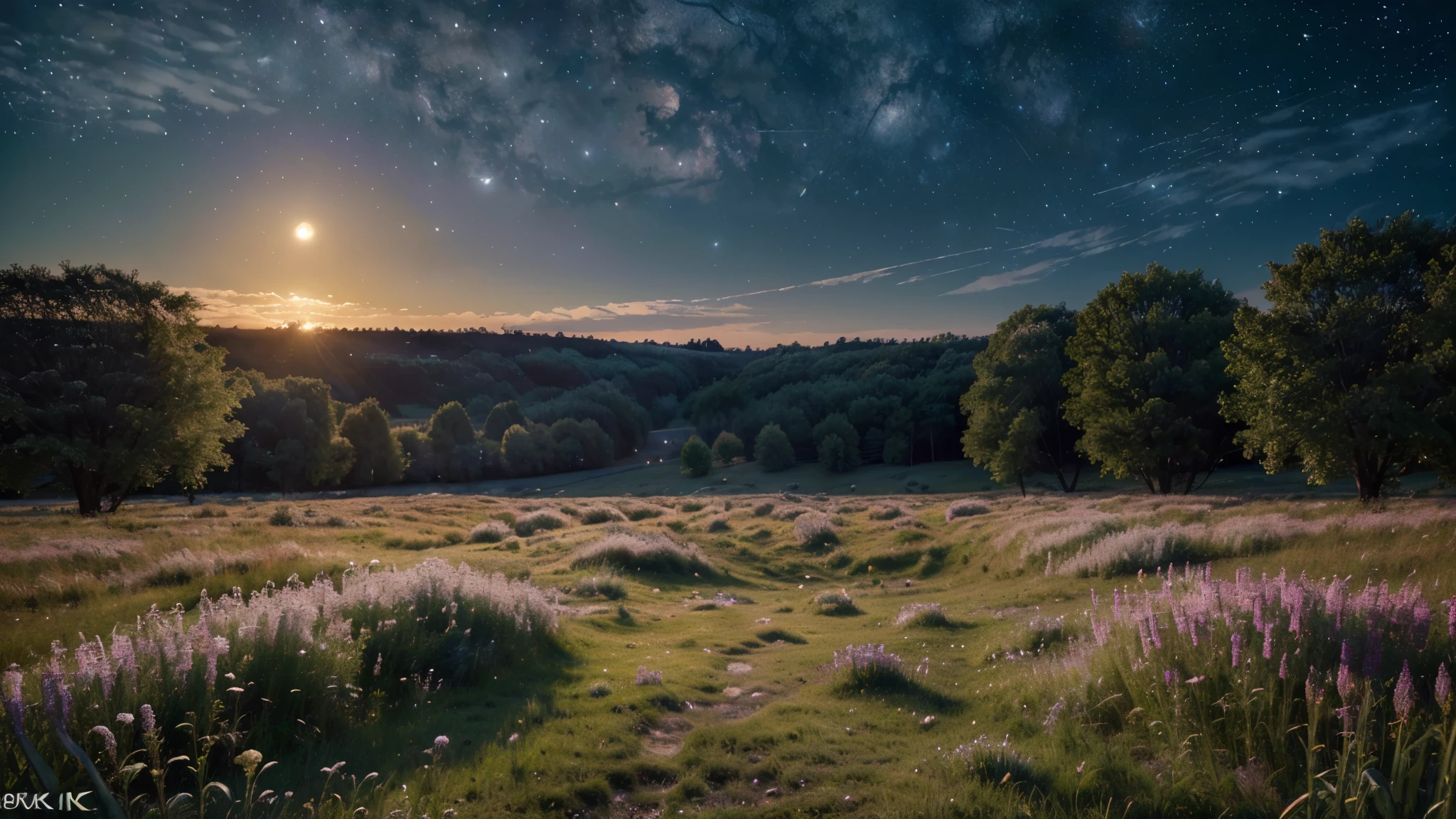 (best quality,4k,8k,highres,masterpiece:1.2),ultra-detailed,(realistic,photorealistic,photo-realistic:1.37),animation,illustration,meadow,night,full moon,cicadas,dew,sky,stars,milky way, vibrant colors, moonlight,storybook:1.2