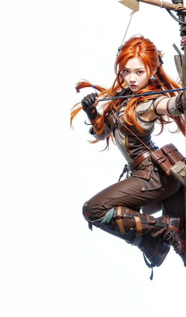 Aloy, genshin impact, mondstadt, female, orange hair, yellow eyes, brown top, brown trouser, brown hand glove, bow, arrow