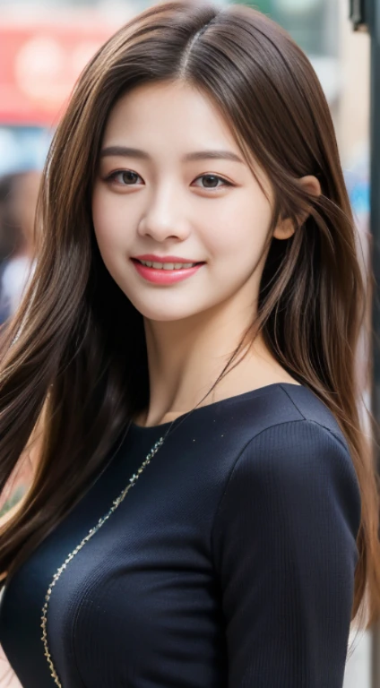 ((Best quality, 8k, Masterpiece :1.3)), 1girl, smiling, full body, slim face, Pretty woman, (Dark brown hair), full length dress :1.1, Ultra-detailed face, Detailed eyes, Double eyelid, blur background, slim face, city, outside, street,