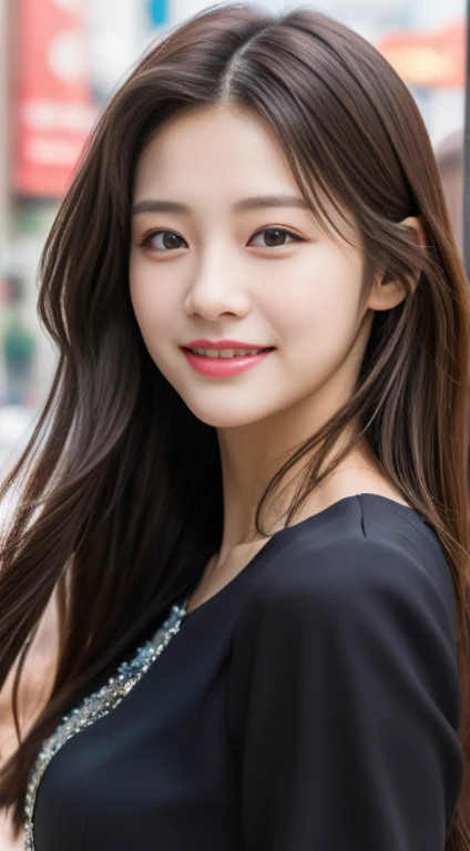 ((Best quality, 8k, Masterpiece :1.3)), 1girl, smiling, full body, slim face, Pretty woman, (Dark brown hair), full length dress :1.1, Ultra-detailed face, Detailed eyes, Double eyelid, blur background, slim face, city, outside, street,