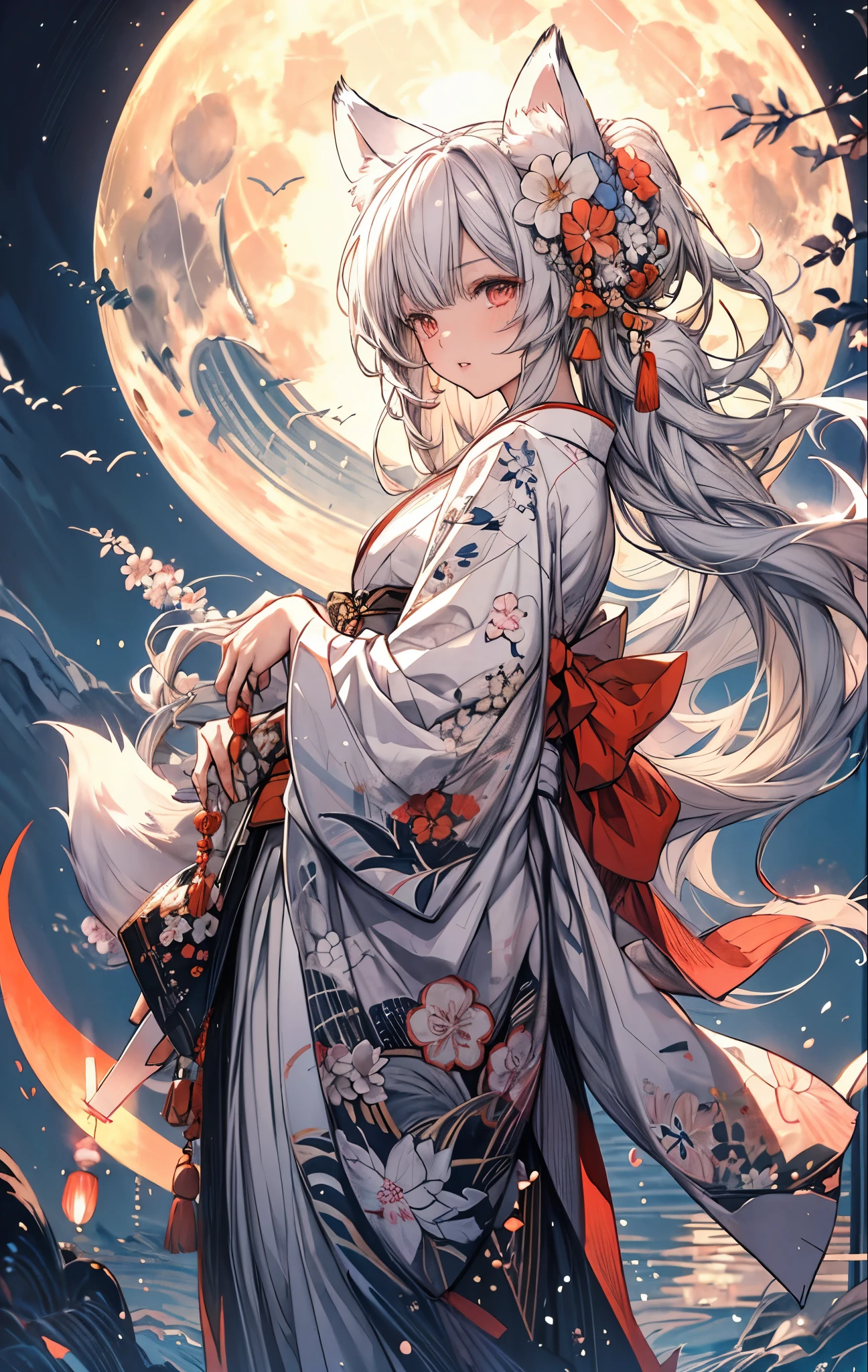 (masterpiece:1.2), highest quality,pixiv,  
1 girl, alone, long hair, moon, kimono, kimono, gray hair, looking at the viewer, animal ears, red eyes, long sleeve, bangs, full moon, wide sleeve, flower柄, hair ornaments, tassel, hair between eyes, flower, Are standing, parted lips, fox ears, animal earsの綿毛, white kimono, hair flower, print kimono, very long hair, white flower, legs stick out from frame