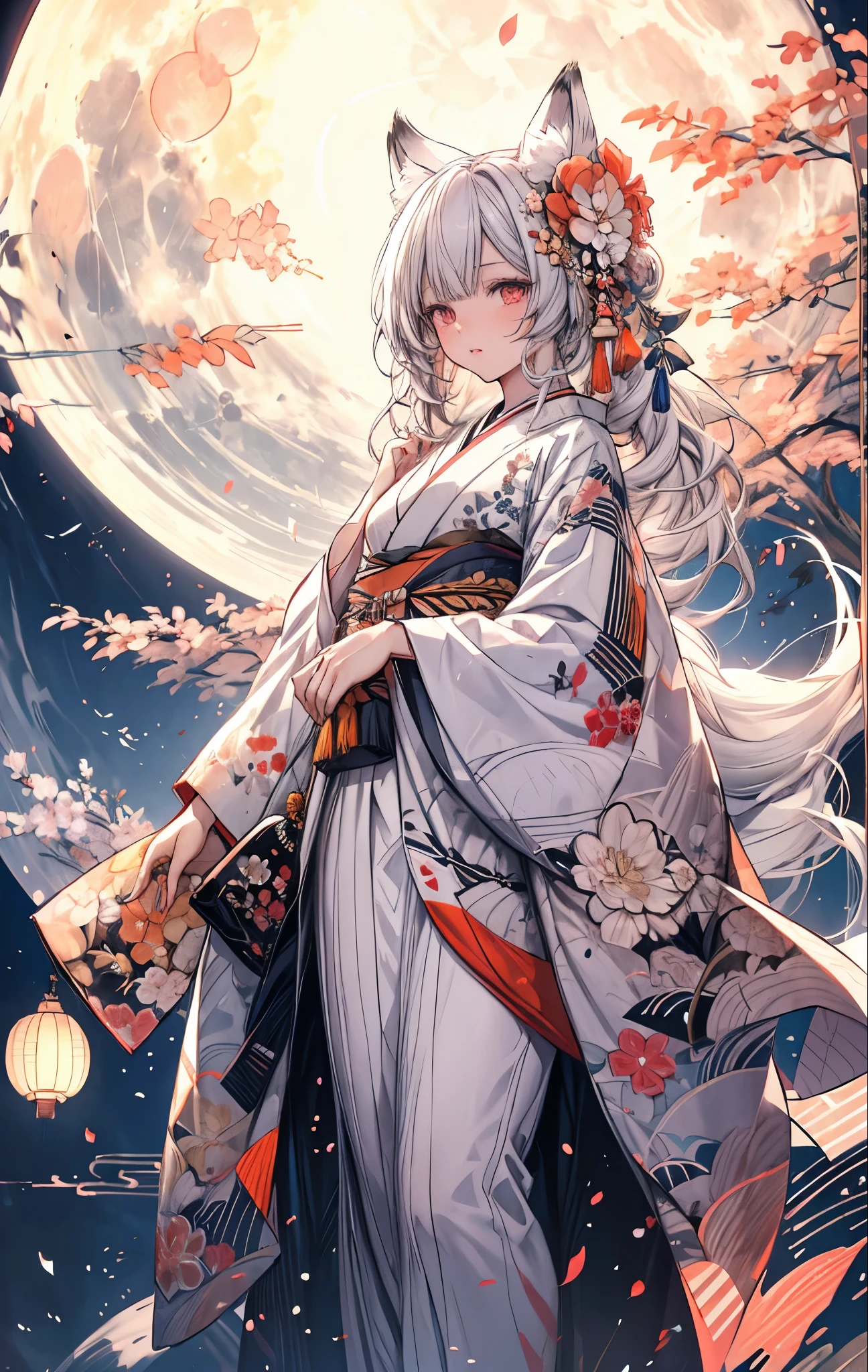 (masterpiece:1.2), highest quality,pixiv,  
1 girl, alone, long hair, moon, kimono, kimono, gray hair, looking at the viewer, animal ears, red eyes, long sleeve, bangs, full moon, wide sleeve, flower柄, hair ornaments, tassel, hair between eyes, flower, Are standing, parted lips, fox ears, animal earsの綿毛, white kimono, hair flower, print kimono, very long hair, white flower, legs stick out from frame