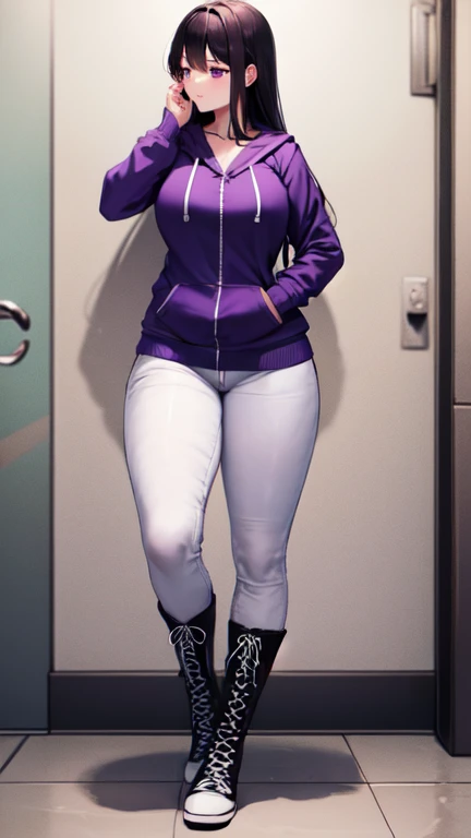 (Yuri wearing a ((purple zip up hoodie)), (white jeans), and black knee high lace up converse boots with round toes), Large breasts, thick thighs, cute, full body image, back view, long hair, purple eyes, quality images, ((high quality faces)), underground, standing, shy and cute posing