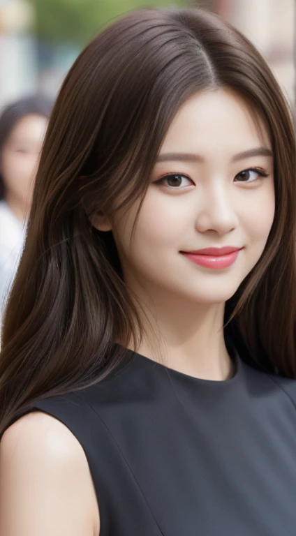 ((Best quality, 8k, Masterpiece :1.3)), 1girl, smiling, full body, slim face, Pretty woman, (Dark brown hair), full length dress :1.1, Ultra-detailed face, Detailed eyes, Double eyelid, blur background, slim face, city, outside, street,