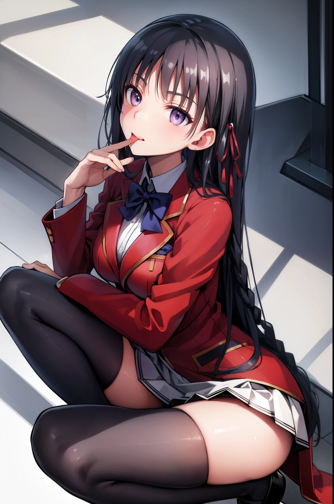 A large amount white yogurt of  all over the body on the chest and tongue, taken from the front, suzunehorikita, suzune horikita, black hair, braid, long hair, (purple eyes:1.1), BREAK advanced nurturing high school uniform, black thighhighs, blazer, bow, bowtie, buttons, jacket, long sleeves, pleated skirt, school uniform, weat, thin, mouth wide open, ((tongue out)), crawling on all fours, A large amount of white yogurt on the face and tongue, thighhighs, white skirt, zettai ryouiki, (red blazer:1.5), BREAK looking at viewer, full body, BREAK indoors, classroom, BREAK (masterpiece:1.2), best quality, high resolution, unity 8k wallpaper, (illustration:0.8), (beautiful detailed eyes:1.6), extremely detailed face, perfect lighting, extremely detailed CG, (perfect hands, perfect anatomy), s