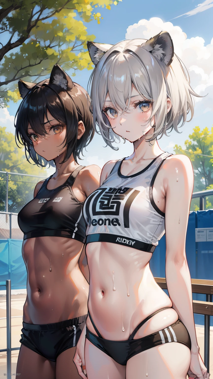 best image quality,Twin girls,gray hair,very short hair,short hair,golden eyes,,brown skin,brown skin,black skin,sunburn,slender,Glossy skin,playground,Planck,sports bra,boxer shorts,Lion ears,lion tail,Wet with sweat