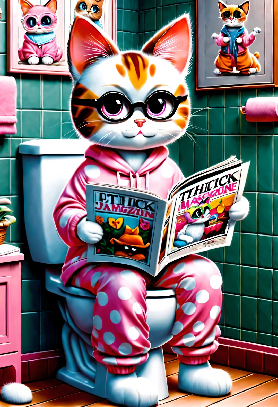 With folk art style,
(A cute female cat sitting on the toilet，While reading a thick and large fashion magazine), (Wearing eyes), Pink pajamas, Wear hip-hop style pajamas and over-the-top pajamas, Detailed and beautiful details,
background: Bathroom 3D rendering, cartoon, illustration, Pixar, cartoon, ultra high definition, high quality, 32k,