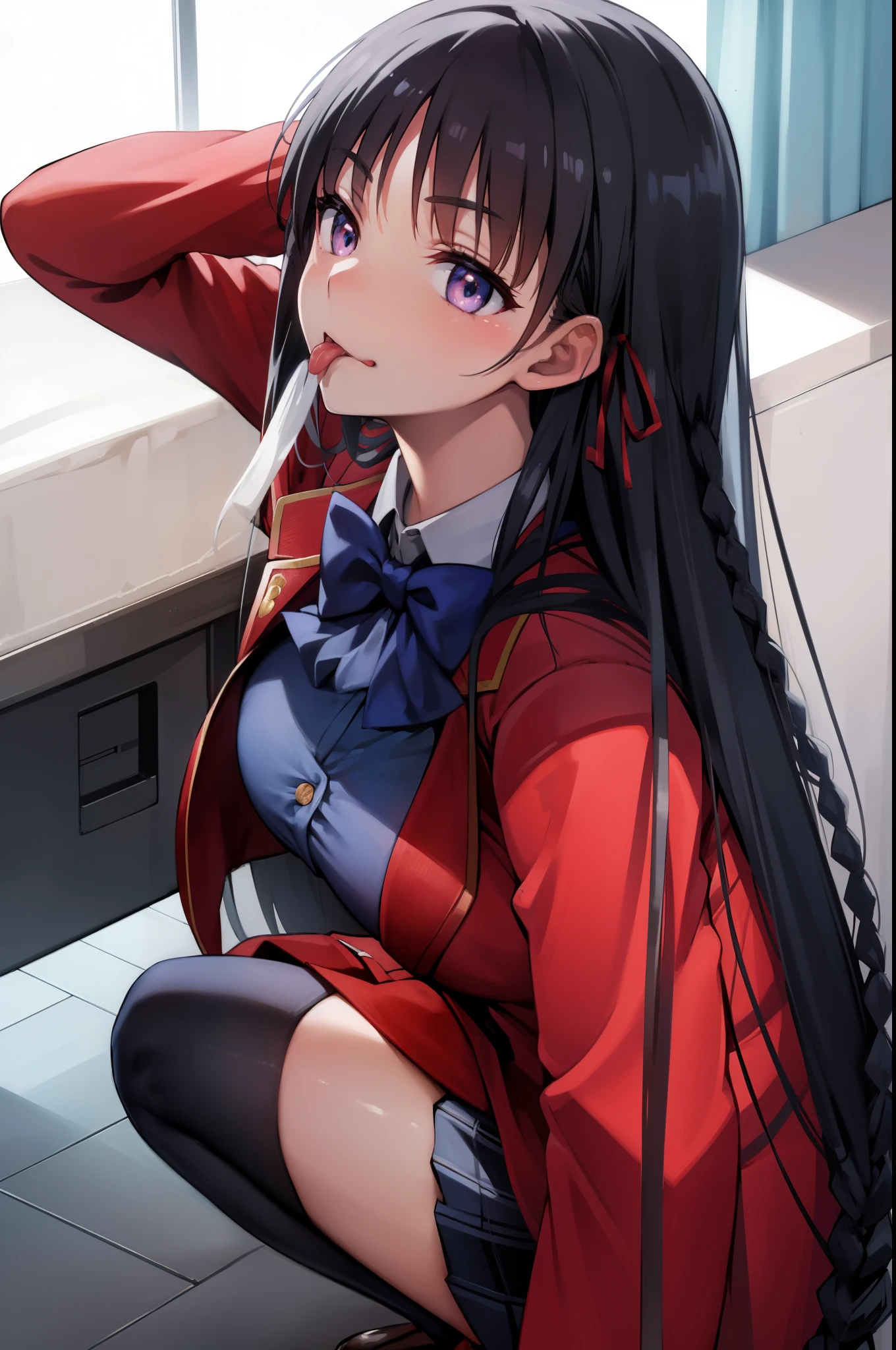 A large amount white yogurt of all over the body on the chest and tongue, taken from the front, suzunehorikita, suzune horikita, black hair, braid, long hair, (purple eyes:1.1), BREAK advanced nurturing high school uniform, black thighhighs, blazer, bow, bowtie, buttons, jacket, long sleeves, pleated skirt, school uniform, weat, thin, mouth wide open, ((tongue out)), crawling on all fours, A large amount of white yogurt on the face and tongue, thighhighs, white skirt, zettai ryouiki, (red blazer:1.5), BREAK looking at viewer, full body, BREAK indoors, classroom, BREAK (masterpiece:1.2), best quality, high resolution, unity 8k wallpaper, (illustration:0.8), (beautiful detailed eyes:1.6), extremely detailed face, perfect lighting, extremely detailed CG, (perfect hands, perfect anatomy), s