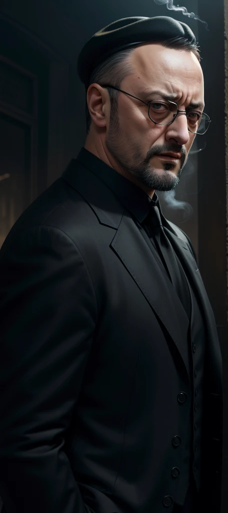 (Jean Reno as a hitman from the movie Léon The Professional), angry face, in formal wear, glasses with round smoke black lenses, black docker cap, portrait, full body, (high resolution:1.2)
