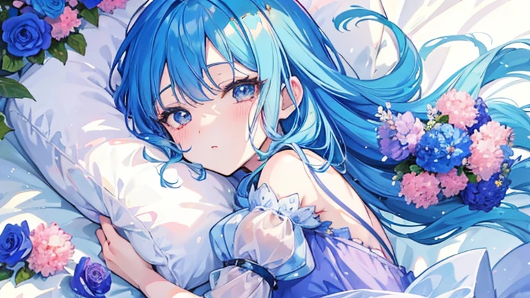 Close-up of a blue-haired woman holding flowers, anime goddess, fantastic anime, anime moe art style, Cute girl anime visual, High quality anime art style, splash art anime , high detailed official artwork, beautiful fantasy anime, Cute anime wife in a nice dress, beautiful anime girl, official art, beautiful anime art, official artwork、lying down and sleeping