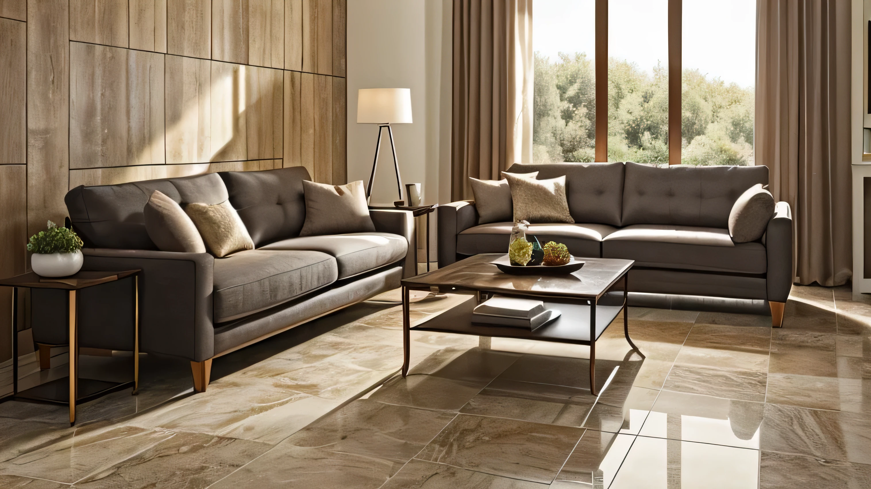 Create for me a simulation image of a luxurious and modern living room using large floor tiles and wall tiles, Light combined with harmonious furniture makes the room cozy and highlights the beauty and shine of the floor tiles.. The room does not use carpet, highlight tiles and tiles