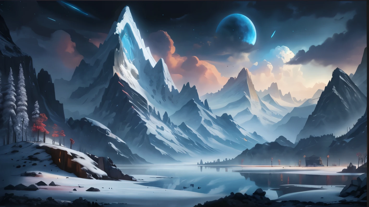 a painting of a mountain scene with a lake and a planet in the distance, 4k highly detailed digital art, beautiful art uhd 4 k, 4k detailed digital art, 8k high quality detailed art, 8k stunning artwork, icy mountains, detailed painting 4 k, 4 k hd wallpaper very detailed, 4 k highly detailed art, 4k fantasy art