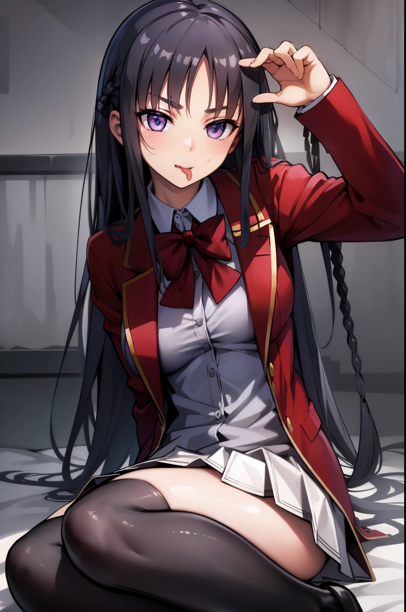 A large amount white yogurt of all over the body on the chest and tongue, taken from the front, suzunehorikita, suzune horikita, black hair, braid, long hair, (purple eyes:1.1), BREAK advanced nurturing high school uniform, black thighhighs, blazer, bow, bowtie, buttons, jacket, long sleeves, pleated skirt, school uniform, weat, thin, mouth wide open, ((tongue out)), crawling on all fours, A large amount of white yogurt on the face and tongue, thighhighs, white skirt, zettai ryouiki, (red blazer:1.5), BREAK looking at viewer, full body, BREAK indoors, classroom, BREAK (masterpiece:1.2), best quality, high resolution, unity 8k wallpaper, (illustration:0.8), (beautiful detailed eyes:1.6), extremely detailed face, perfect lighting, extremely detailed CG, (perfect hands, perfect anatomy), s