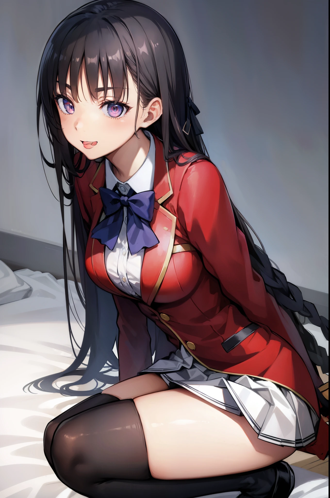 A large amount white yogurt of  all over the body on the chest and tongue, taken from the front, suzunehorikita, suzune horikita, black hair, braid, long hair, (purple eyes:1.1), BREAK advanced nurturing high school uniform, black thighhighs, blazer, bow, bowtie, buttons, jacket, long sleeves, pleated skirt, school uniform, weat, thin, mouth wide open, ((tongue out)), crawling on all fours, A large amount of white yogurt on the face and tongue, thighhighs, white skirt, zettai ryouiki, (red blazer:1.5), BREAK looking at viewer, full body, BREAK indoors, classroom, BREAK (masterpiece:1.2), best quality, high resolution, unity 8k wallpaper, (illustration:0.8), (beautiful detailed eyes:1.6), extremely detailed face, perfect lighting, extremely detailed CG, (perfect hands, perfect anatomy), s