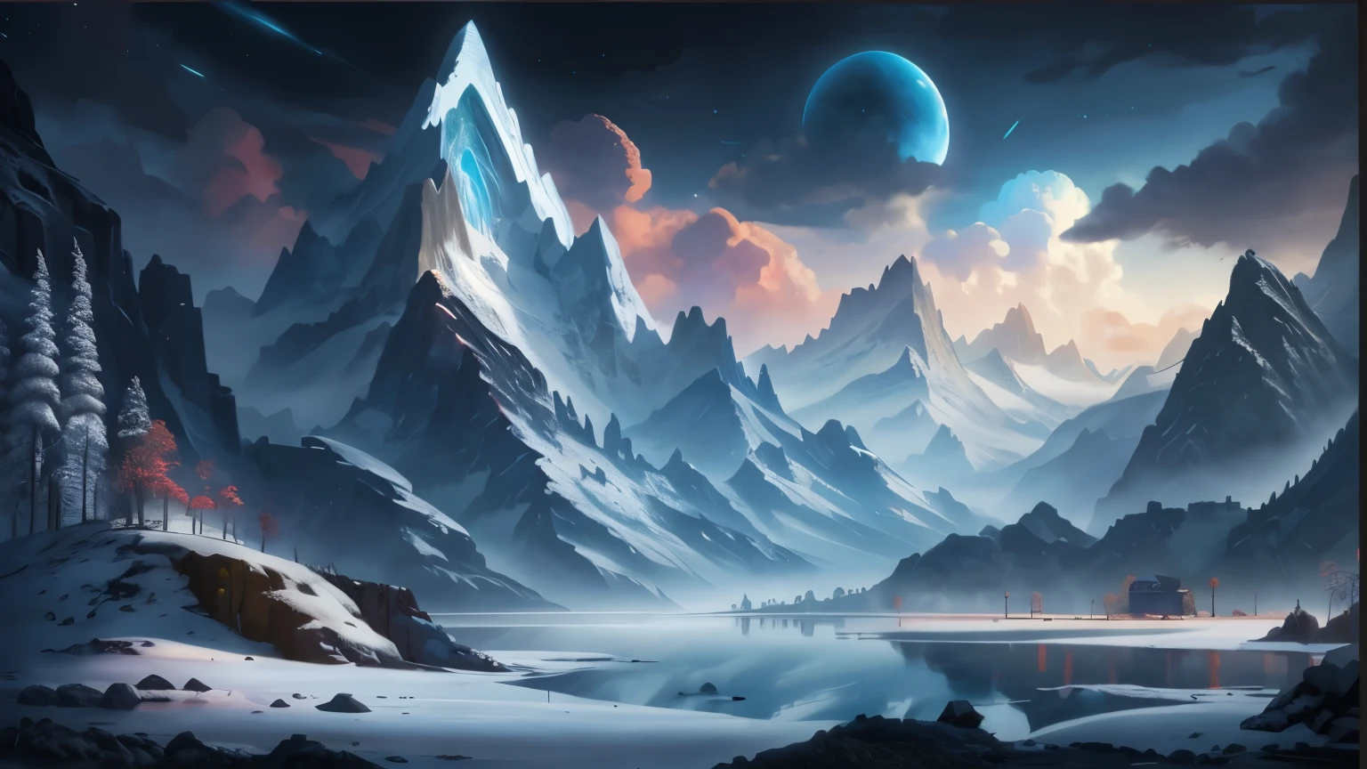 a painting of a mountain scene with a lake and a planet in the distance, 4k highly detailed digital art, beautiful art uhd 4 k, 4k detailed digital art, 8k high quality detailed art, 8k stunning artwork, icy mountains, detailed painting 4 k, 4 k hd wallpaper very detailed, 4 k highly detailed art, 4k fantasy art