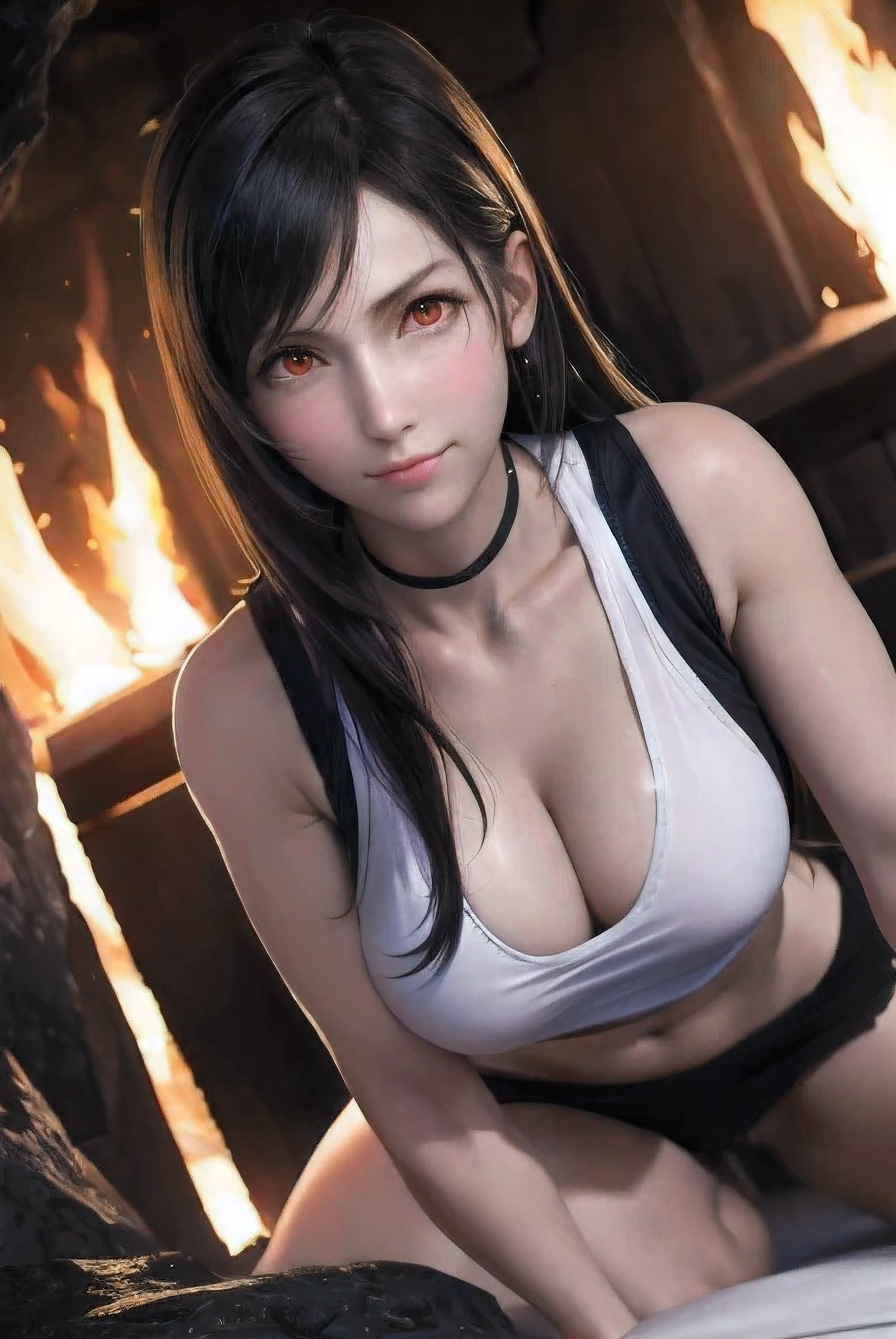 white tank top with Black Trim and black skirt, inside the cave, black long hair, the girl has really red eyes, tifa lockhart, The girl is ************, beautiful skin, realistic anime, anime realism style, Output in 8K, highest quality,Natural light, professional lighting, shiny skin, silky skin, bonfire lighting, Looking over there, fighting pose, Fight monsters, Black Trim