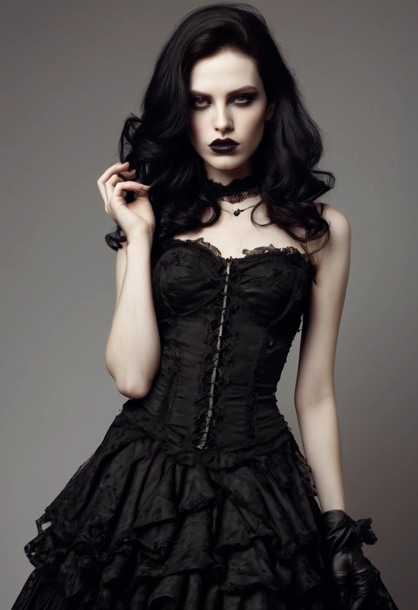 Mujer arafed con un vestido negro y guantes posando para una foto, pale goth beauty, with pale skin, very beautiful goth top model, vestido oscuro, Steven Meisel, Ella lleva un vestido negro, Ella es la reina de las rosas negras, wearing a gothic dress, Trinidad de la matriz, tumblr, con cabello largo y oscuro, con cabello largo y negro