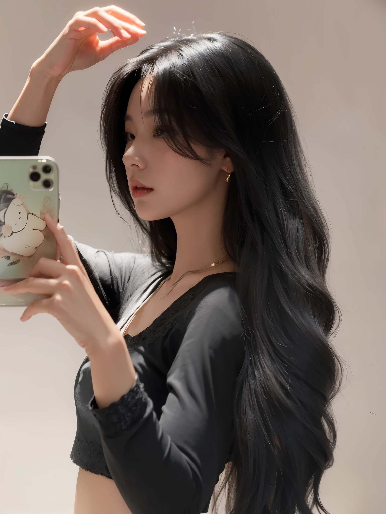 there is a woman taking a picture of herself with her phone, long hair, with 黑色long hair, with long black hair, long thin black hair, Urzan, 黑色波浪long hair, wavy 黑色long hair, 黑色long hair, flowing black hair, 黑色long hair, Super dark natural black hair, long flowing black hair