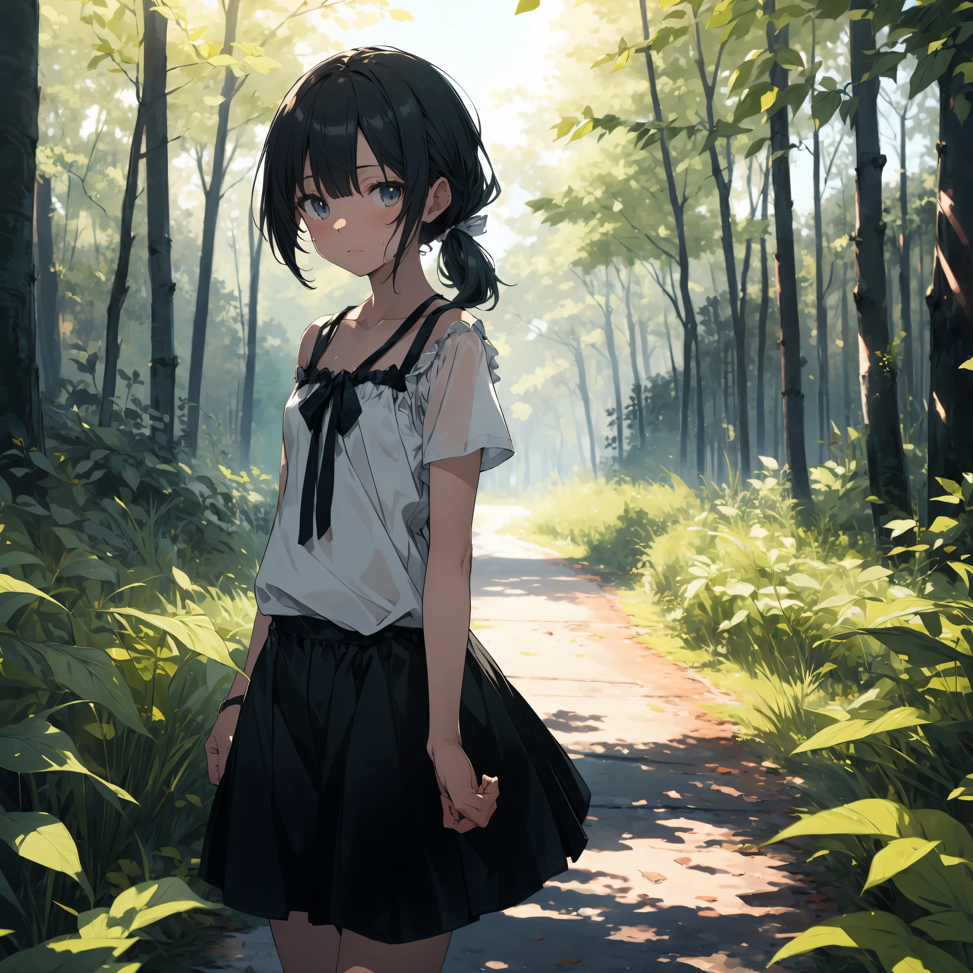 Super high quality by the art god, super detailed, High resolution,Fujichoco style, anime moe art style, best anime 8K konachan wallpaper, pixiv contest winner, perfect anatomy, break,(森をalone慎重に歩く女の子の絵を描きます. ),break, surreal beautiful girl, (alone,lolita, , 12 years old:1.3),All limbs, full finger, androgynous charm, (ponytail), short bob cut, flat chest, , small ass, between legs, small eyes,beautiful and fine eyes, Well-proportioned iris and pupils, High resolutionの詳細な髪, wears round glasses, (Camisole Tops,shorts:1.4),have,bare border,sweating,warmer than usual, In the summer forest. break,super detailed肌, Best lighting by famous artists, 8K, figure,
