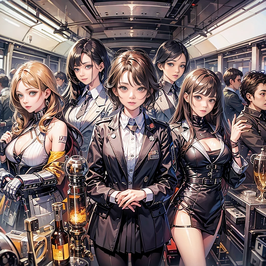 perfect anime illustration, brown hair, wavy hair, hazel eyes, 1 girl, blue skirt suit, black high heels, business woman, High resolution, whole body, thousands of girls, identical sisters, matching outfit, hairstyle that suits you, face matching, Group photo