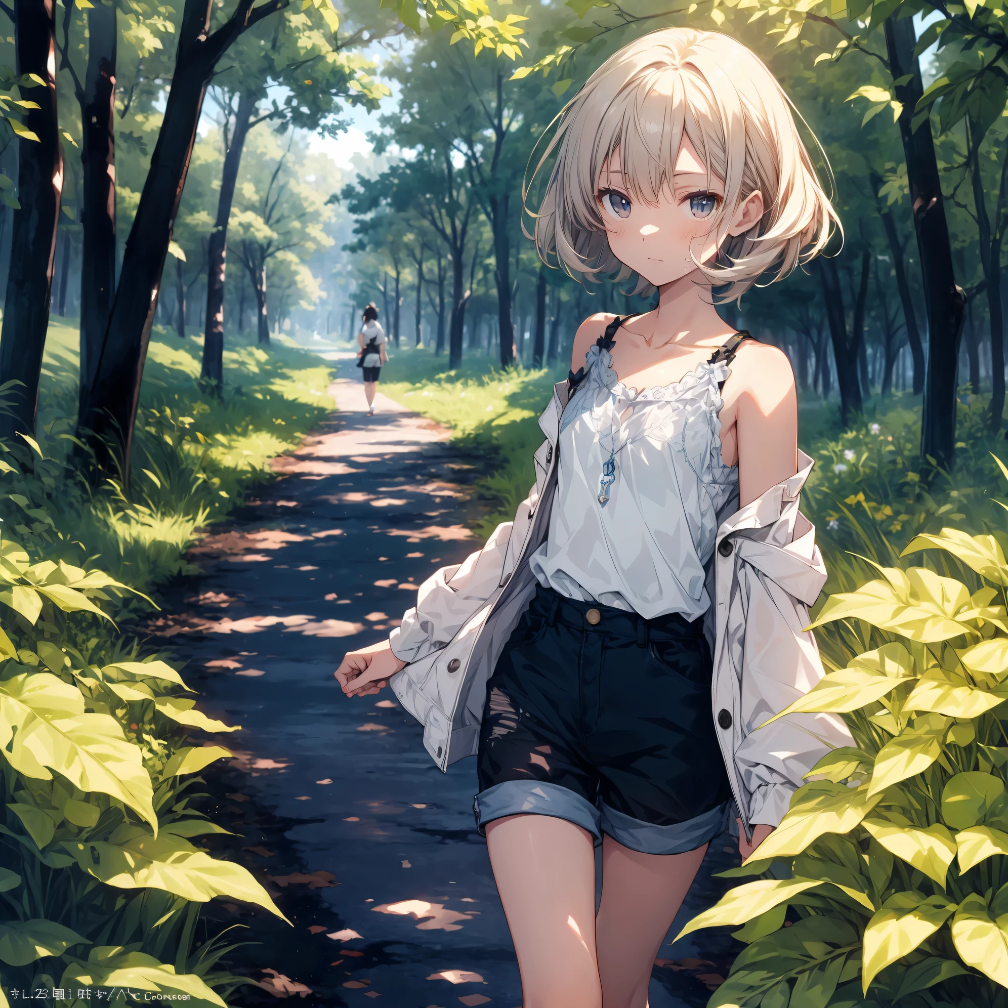 Super high quality by the art god, super detailed, High resolution,Fujichoco style, anime moe art style, best anime 8K konachan wallpaper, pixiv contest winner, perfect anatomy, break,(森をalone慎重に歩く女の子の絵を描きます. ),break, surreal beautiful girl, (alone,lolita, , 12 years old:1.3),All limbs, full finger, androgynous charm, (ponytail), short bob cut, flat chest, , small ass, between legs, small eyes,beautiful and fine eyes, Well-proportioned iris and pupils, High resolutionの詳細な髪, wears round glasses, (Camisole Tops,shorts:1.4),have,bare border,sweating,warmer than usual, In the summer forest. break,super detailed肌, Best lighting by famous artists, 8K, figure,