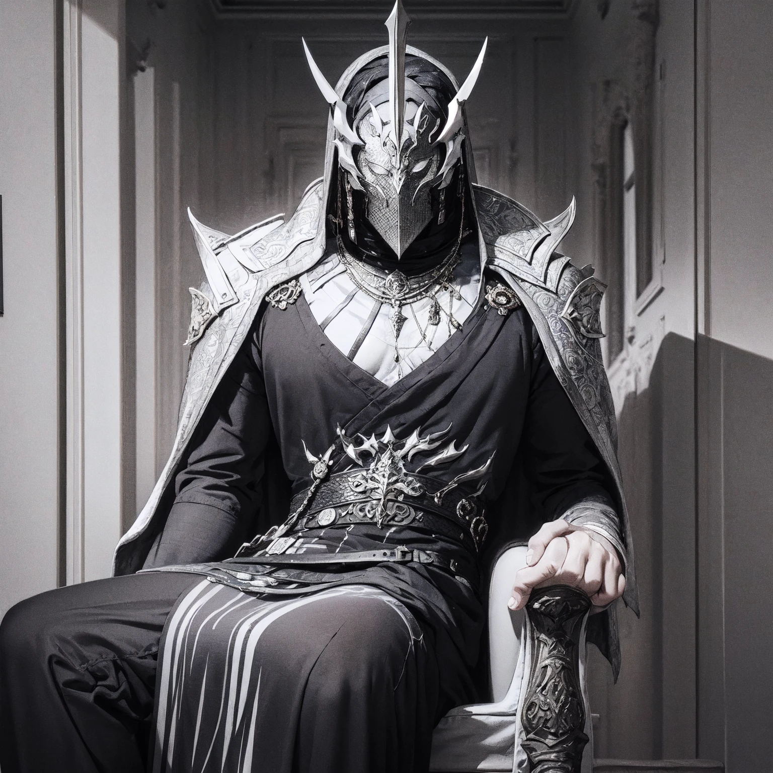 Create a black and white art piece featuring a mysterious man adorned in a detailed, engraved full-face mask and darkening white metallic, gothic knight armor. He sits on a throne with a menacing presence, gripping a sword that extends to the ground, capturing an aura of intrigue and power