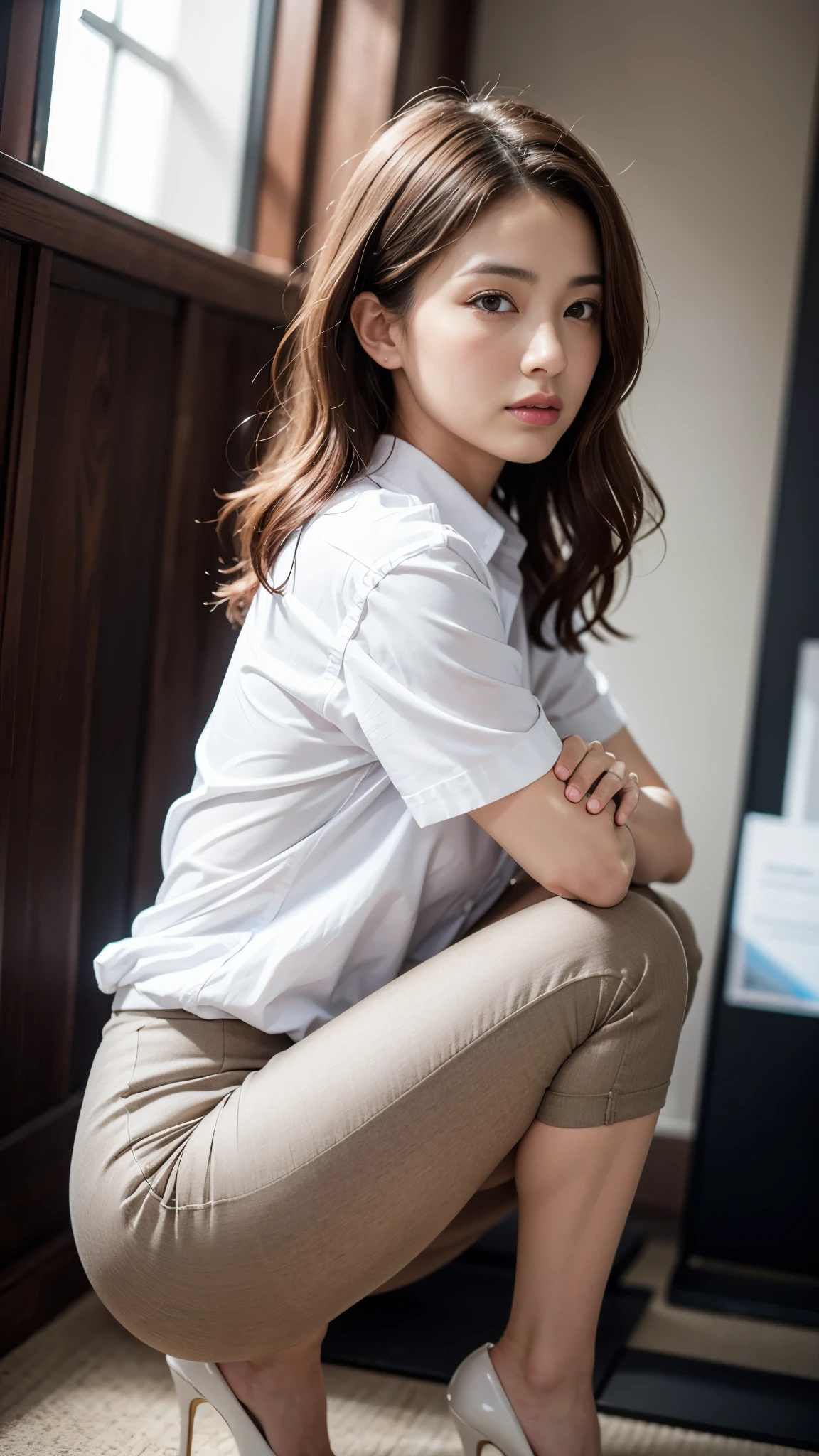 (8K、nffsw、high resolution)、((((picture、Raw photo、hyper realism、masterpiece、highest quality、Super high resolution))))、(pin light、Backlight、Backlight、cinematic light)、sharp focus:1。4、(hyper detail、small details)、cowboy shot、 1 girl、oval face、big, Beautiful eyes like a cat、small and slightly plump lips,,,,,,,,,,,,,、thick eyebrows、long and beautiful eyelashes。Transparent throughout makeup、Put sparkling pink lip gloss on your cheeks.。(((Wavy dark brown medium hair)))。(((white shirt)))、big and full breasts、cleavage、25 years old、(droopy eyes 1.5)、 beauty、Japanese、(((white panties)))、(8KRaw photo、highest quality、Masseter muscle part:1.2)、super detailed、super resolution、(realistic、realisticpicture:1.37)、Portrait、高精細RAWカラーpicture、professional photography、hvery detailed and beautiful、very detailed、8K画像wallpaper、amazing details、huge file size、official art、Hvery detailed CG Unity 8Kwallpaper、hvery detailed beautiful girl、very detailedな顔、very detailedな目、very detailedな肌、very detailedな指、hvery detailed nose、very detailedな詳細な口、perfect anatomy、detailed background、cute、realisticな体つき、white skin、glowing skin、handsome body、cute、cute faces、lifelike face、delicate eyes、look at the camera、positive、thick tight、(Hvery detailed white skin)、shiny、troubled face、excited face、Muchimuchi、(View from the front:1.2)、(JapaneseのOL:1.2)、(knees:1.3)、(((lift the skirt、lift the skirt with both hands,、lift the skirt yourself、I can see white pants)))、dark officeで、((squat exercise:1.3))、((low angle shot:1.2))、(((I'm wearing high heels)))、(((dark office)))、