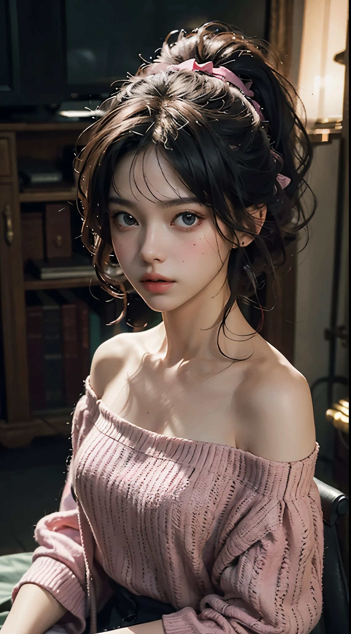 Best Quality, Masterpiece, Ultra High Resolution, (Realisticity: 1.4), Original Photo, 1girl, Pink Off-the-Shoulder, Cinematic Lighting