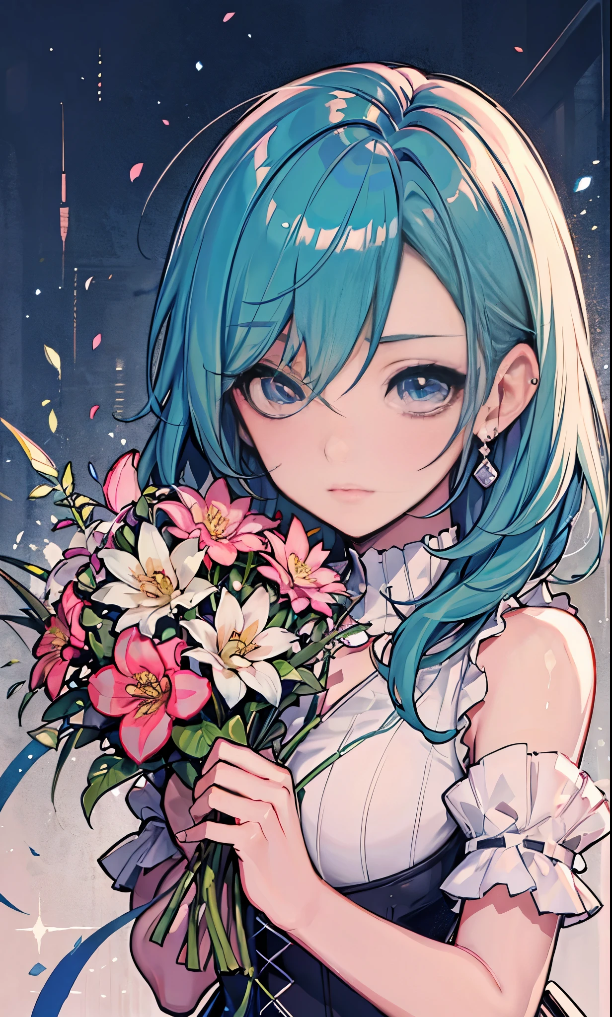 highest quality, clear and well-groomed face, Clear, bright and shining eyes, long eyelashes, punk girl, earrings, Holding a bouquet of colorful flowers,