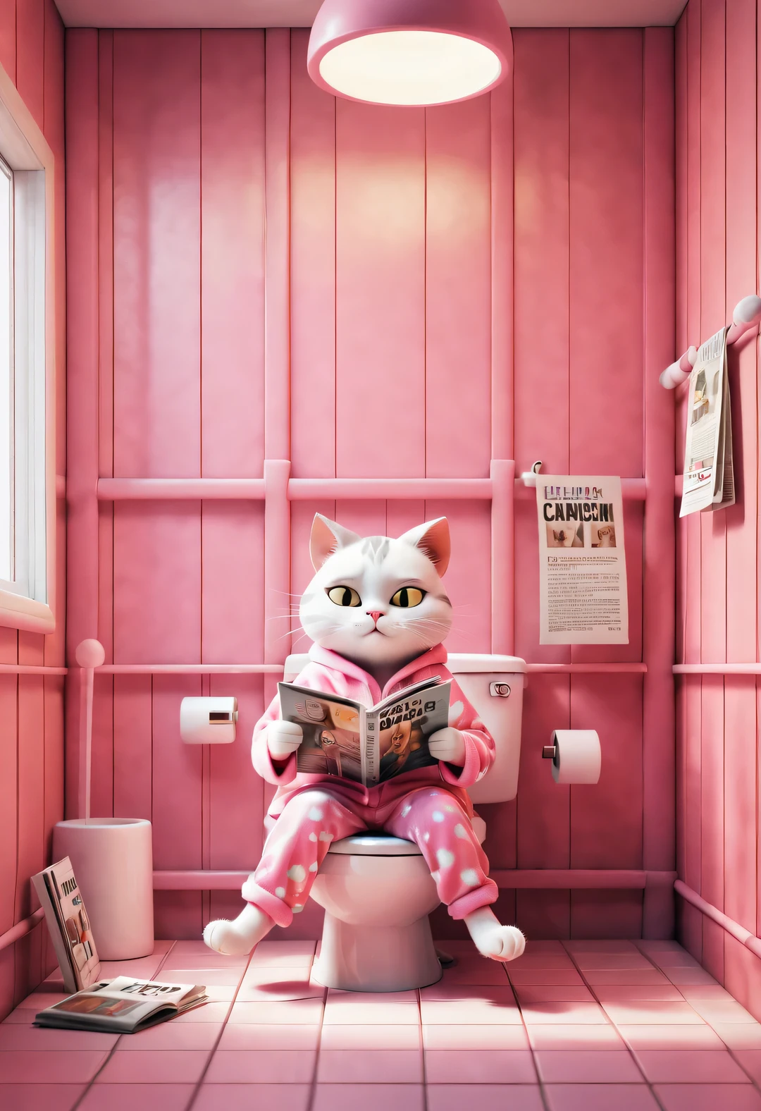 With folk art style,
(A cute female cat sitting on the toilet,While reading a thick and large fashion magazine), (Wearing eyes), Pink pajamas, Wear hip-hop style pajamas and over-the-top pajamas, Detailed and beautiful details,
background: Bathroom 3D rendering, cartoon, illustration, Pixar, cartoon, ultra high definition, high quality, 32k,
