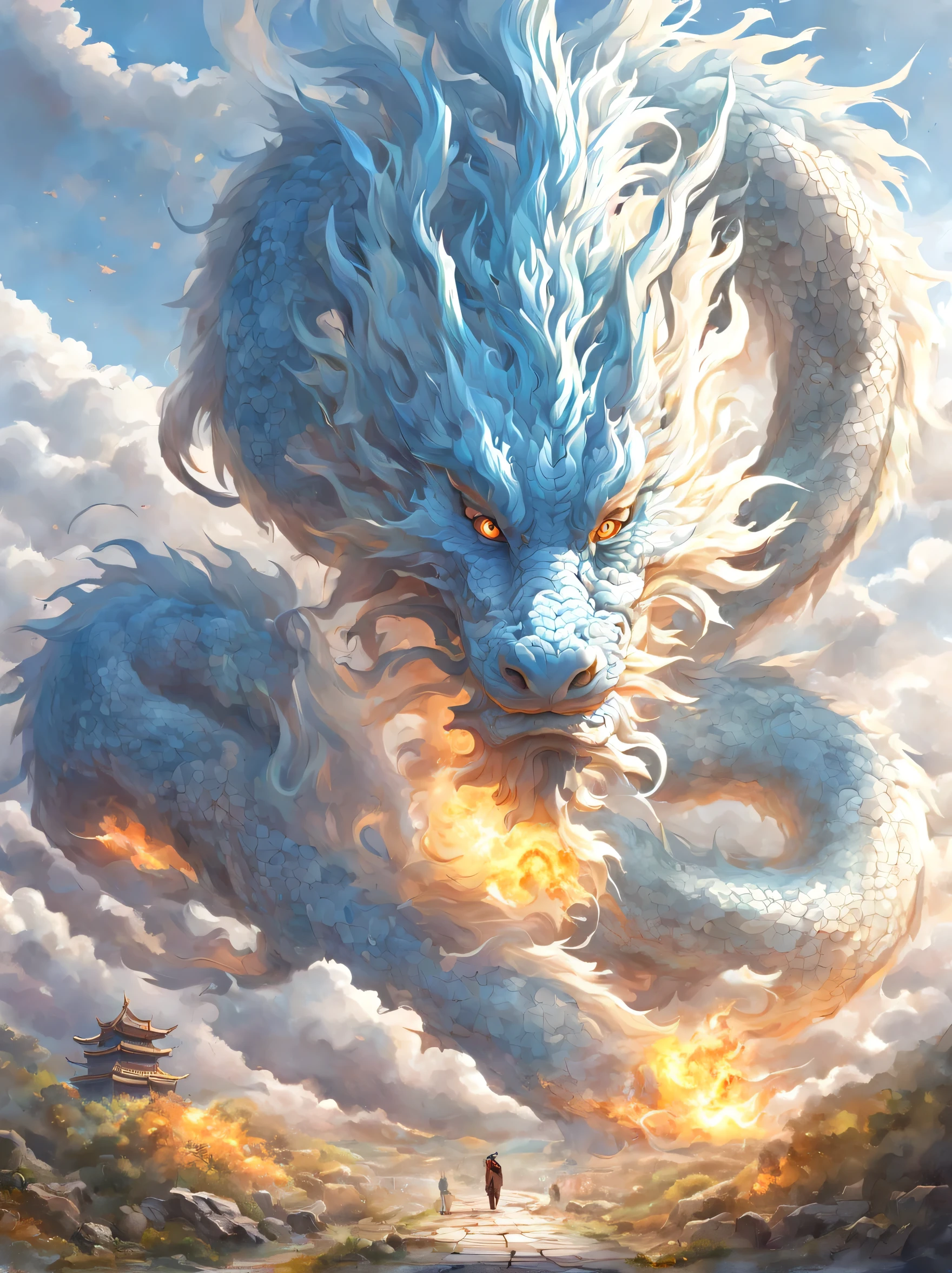 (The main subject: Wide-angle lens), 火焰是浅蓝色of,[五彩of,(Chinese dragon anthropomorphism)], of,戏剧性of云,(Go deep into the fields), 丰富of细节​, (广阔of天空), (sense of vastness),Energy and vitality, 复杂of细节.(最好of质量, high resolution, masterpiece:1.2), (实际of:1.37), high dynamic range。