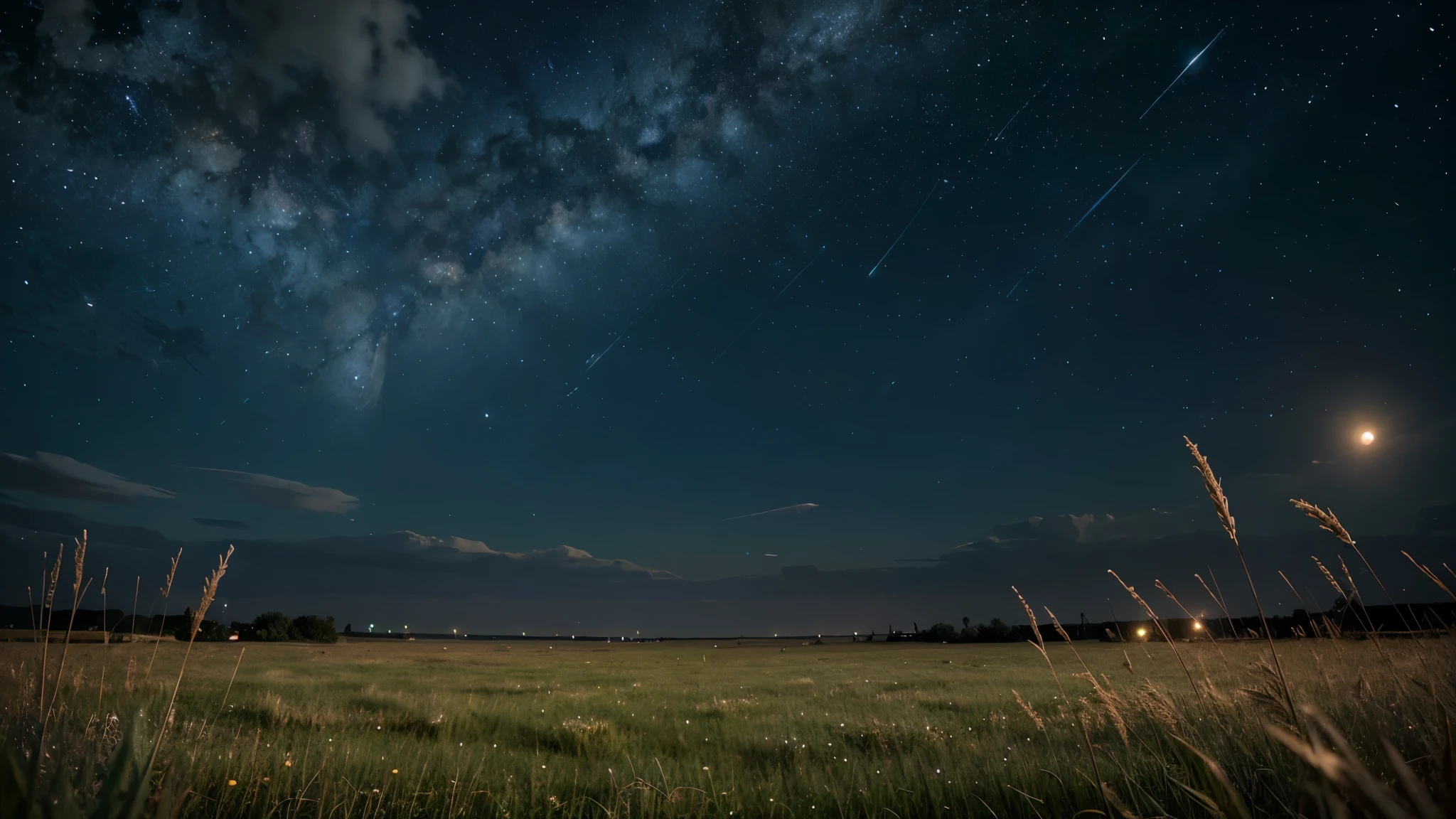(best quality,highres),anime,illustration,field of grass in the night with a full moon,crickets chirping,dewdrops glistening on the grass,kaleidoscope of stars in the sky,milky way galaxy above