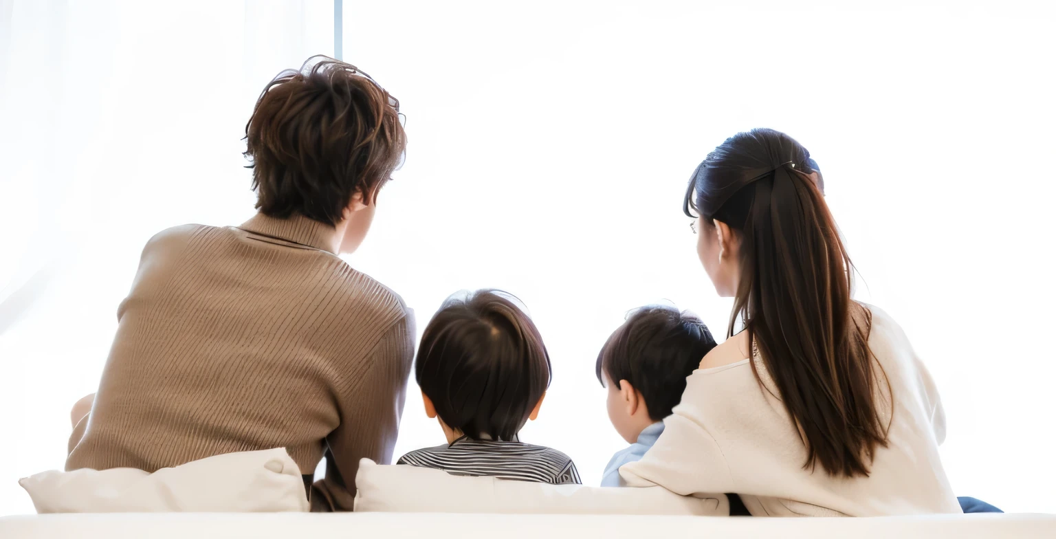 Mom and dad with two children,Curl up on the couch and watch TV,living room,Rear view,soft light,realism,Rear view,best quality,masterpiece,4K