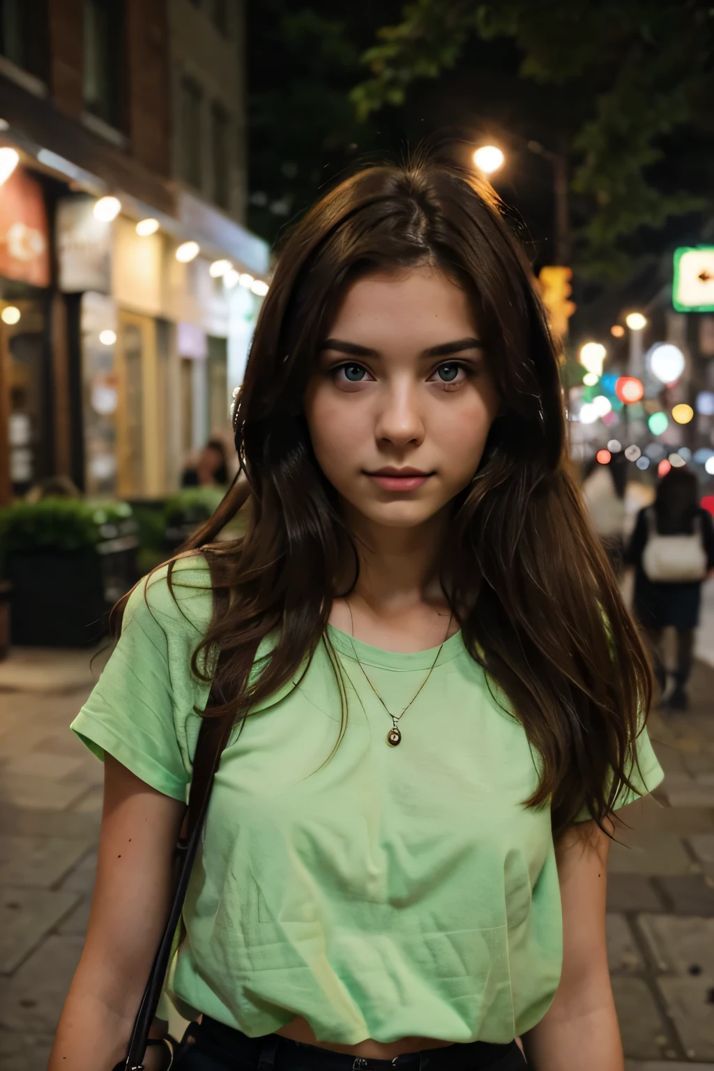 19 year old brunette girl with green eyes in the city