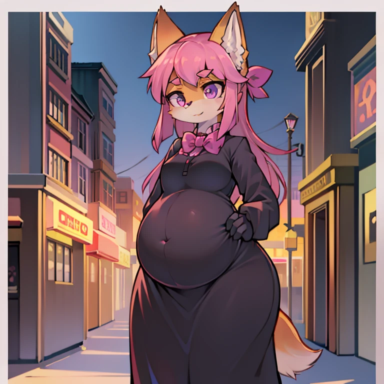 alone, Kanno, woman, pink hair, purple eyes, Wear purple bow tie, Wear a white long-sleeved shirt, Wear a black dress, Standing in a theme park, theme park background, DAY TIME，antiquity，pregnant belly，hairy，fox，Show belly，sacred，Black Evil Fur