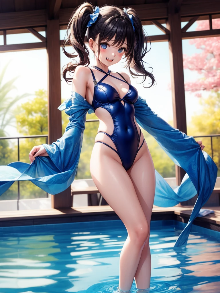 highest quality、one girl、blue eyes、small face、laughter、big breasts:1.5、narrow、Dressing up to bite:1.7、beautiful feet、bright lighting、by the pool、There are no people、background blur,sexy swimwear、twin tails、ponytail