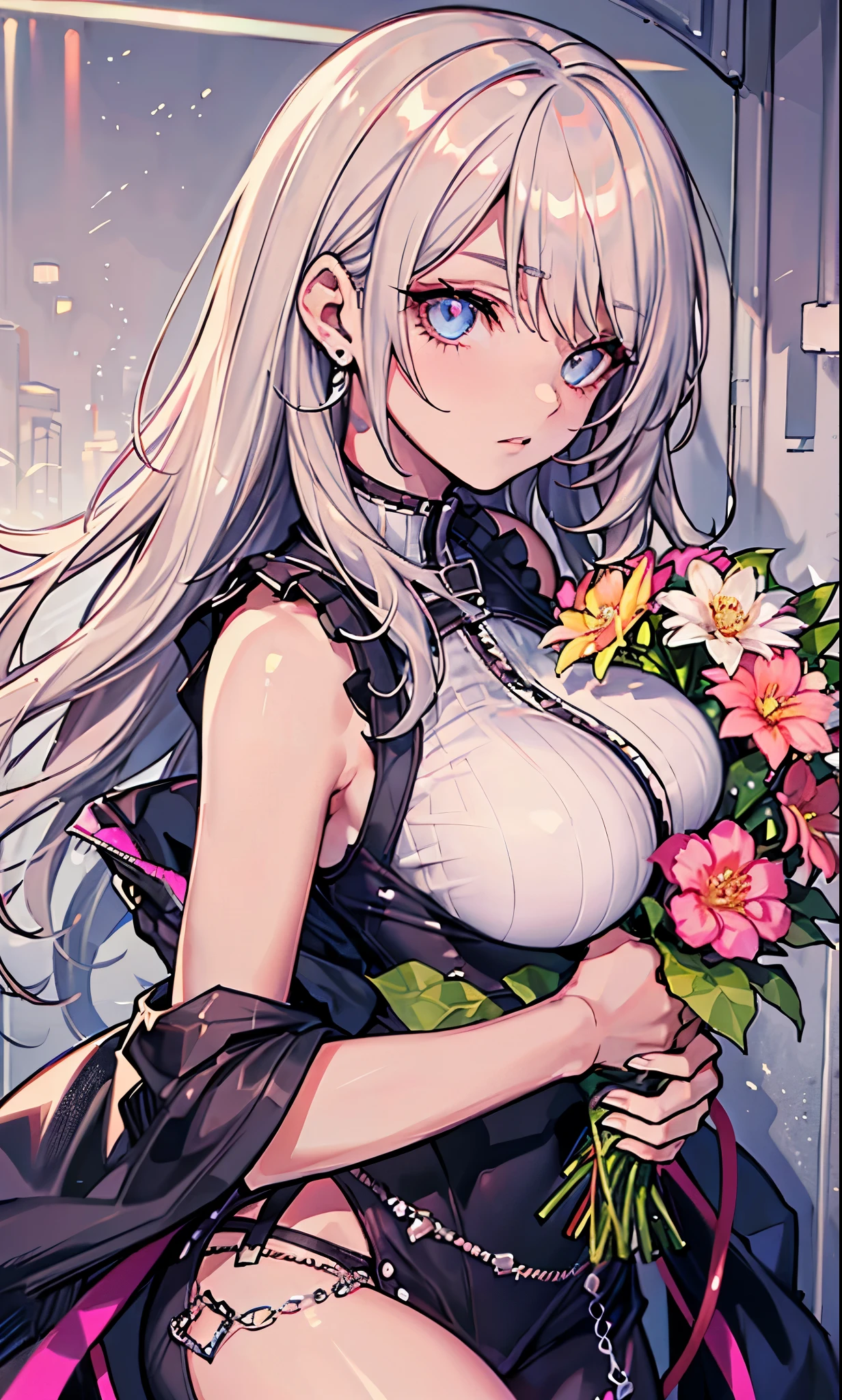 highest quality, clear and well-groomed face, Clear, bright and shining eyes, long eyelashes, punk girl, earrings, Holding a bouquet of colorful flowers, big breasts,