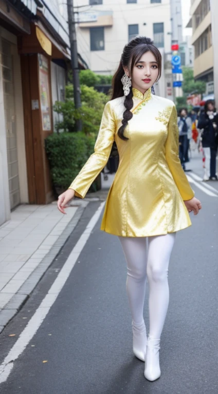 A like girl beautiful biker araffe asian woman in a white and gold outfit on a city street, cheongsam, chinese costume, chinese dress, traditional chinese clothing, traditional tai costume, beautiful south korean woman, white hanfu, korean girl, with acient chinese clothes, full body xianxia, chinese style, chinese girl, gorgeous chinese model, smooth white tight clothes suit