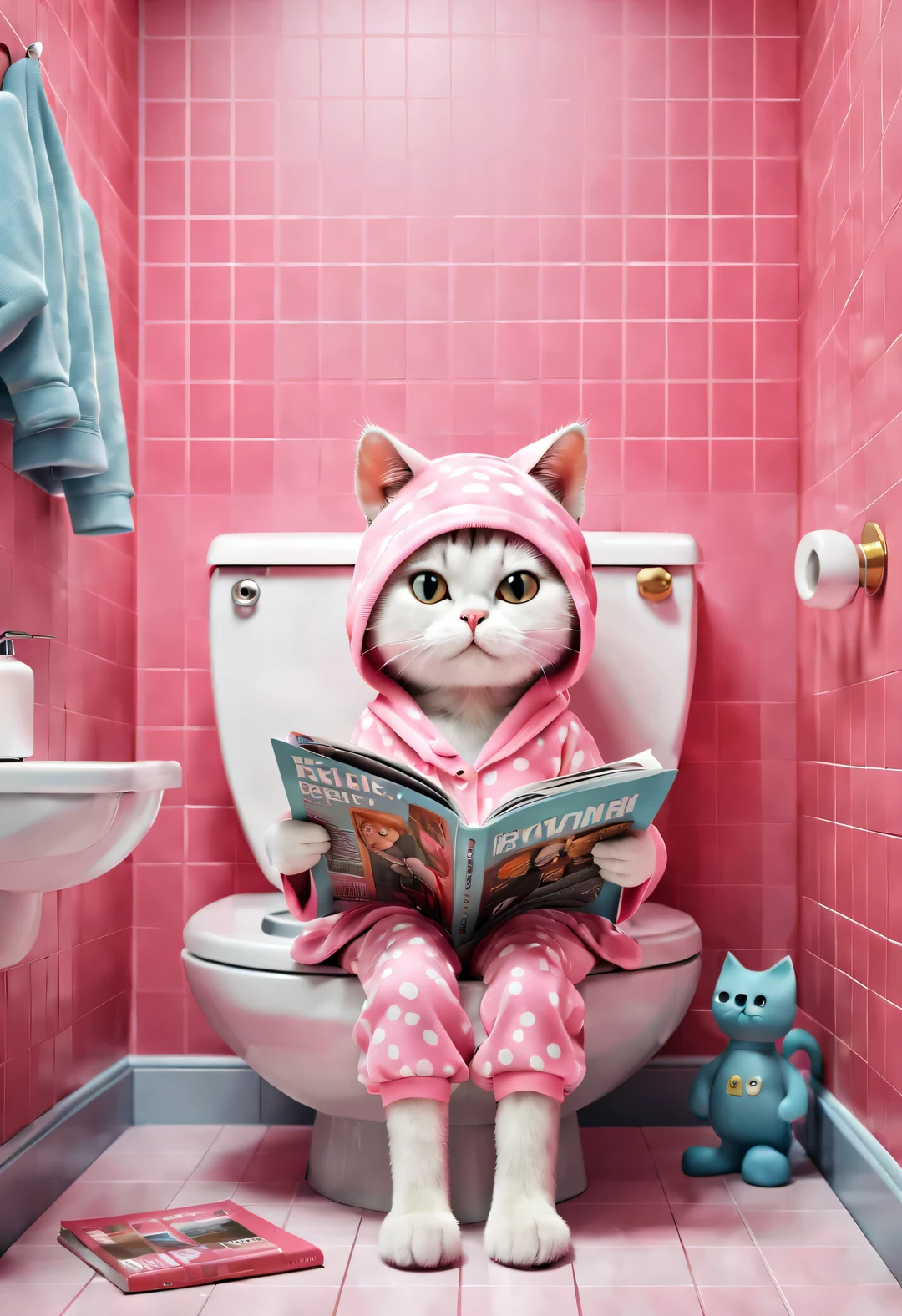 With folk art style,
(A cute female cat sitting on the toilet，While reading a thick and large fashion magazine), (Wearing eyes), Pink pajamas, Wear hip-hop style pajamas and over-the-top pajamas, Detailed and beautiful details,
background: Bathroom 3D rendering, cartoon, illustration, Pixar, cartoon, ultra high definition, high quality, 32k,