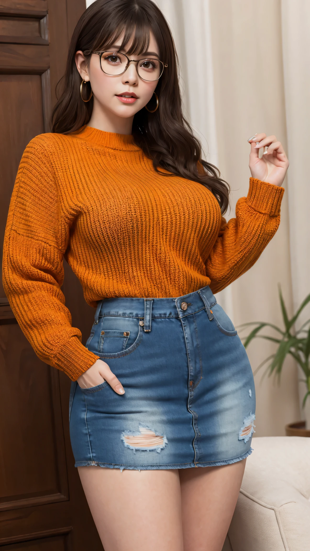 Velma Dinkley, orange knit sweater, huge shaggy breasts, big , sexy body, 8k resolution, detail body, denim short skirt, tall
