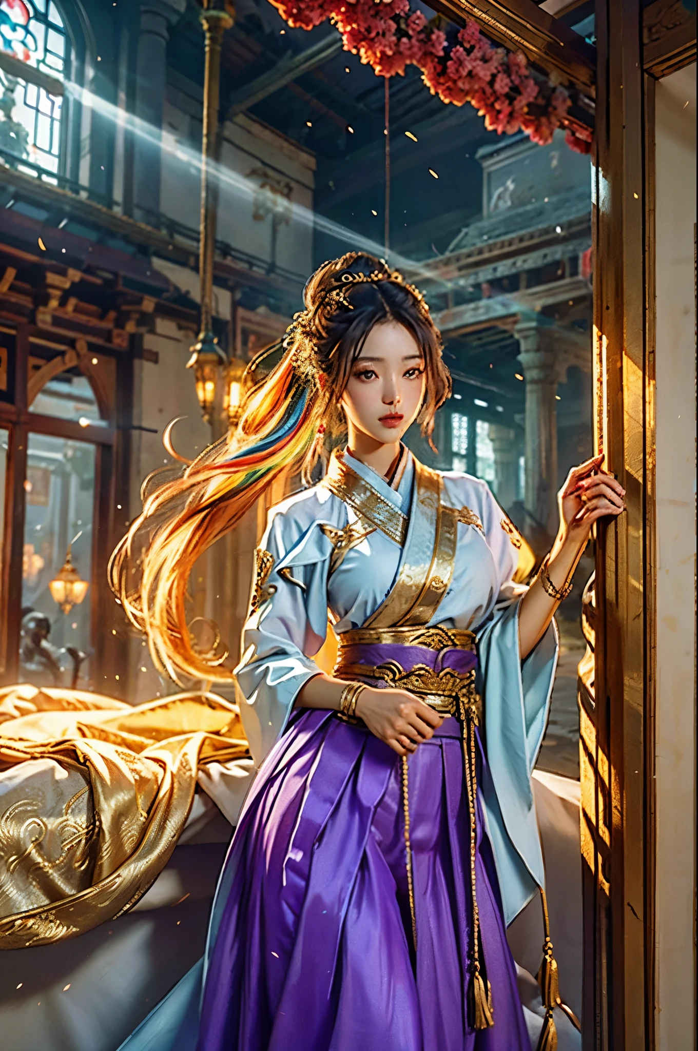 superb beauty, Masterpiece, High resolution, (corps exquis: 1.5), beautiful woman, seins extra larges (2.5) Fences larges, Taille fine, Stunning beauty, (peau laiteuse: 1.3), exquisitely detailed, High resolution, wallpaper, 1 femme, seulement, robe, Accessoires pour cheveux, (((Golden purple skirt)) ), fleur, cheveux longs, cheveux bruns, La ferme, Accessoires, manches longues, Hands, manches larges, Grands yeux, cheveux fluides, Hanfu, Hanfu, broderie, robe longue, pose naturelle, falling petals, Indoor, Fanning, lanterne, 16k, Hdr, High resolution, profondeur de champ, (grain du film: 1.1), Bocon, Prime-time, (Lens Flare), Vignette, arc-en-ciel, (Color Grading: 1.5)