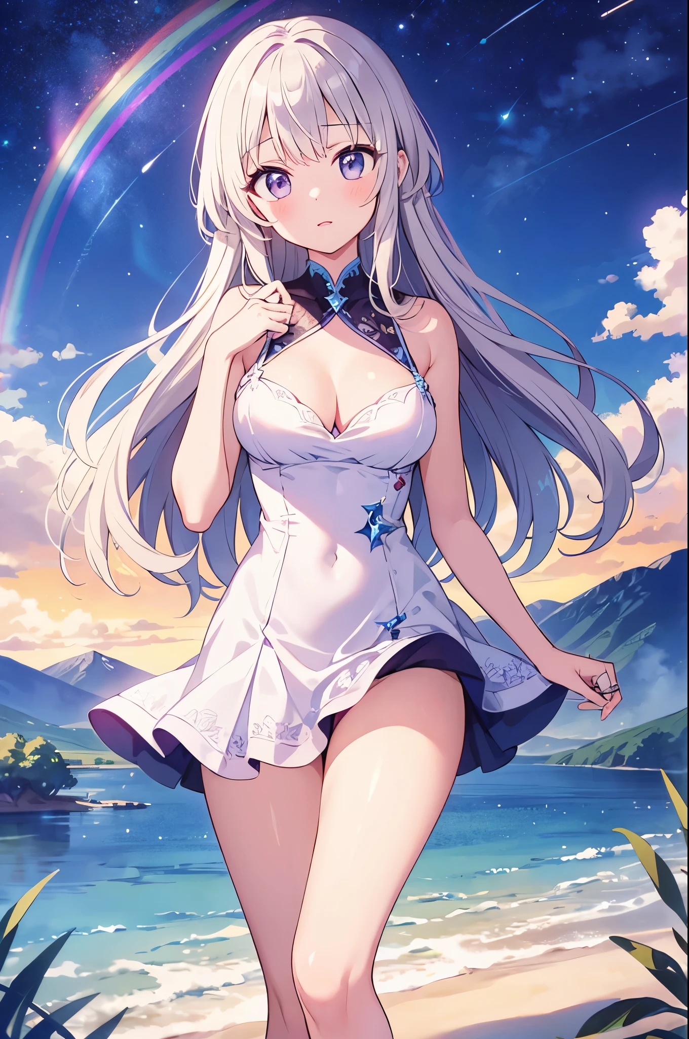 (masterpiece)、(highest quality)、((Super detailed))、(super delicate)、Princess in a naughty dress、platinum blonde、beautiful breasts、Thighs、Gorgeous、lake with mountain view、Fantastic starry sky、Rainbow Ring