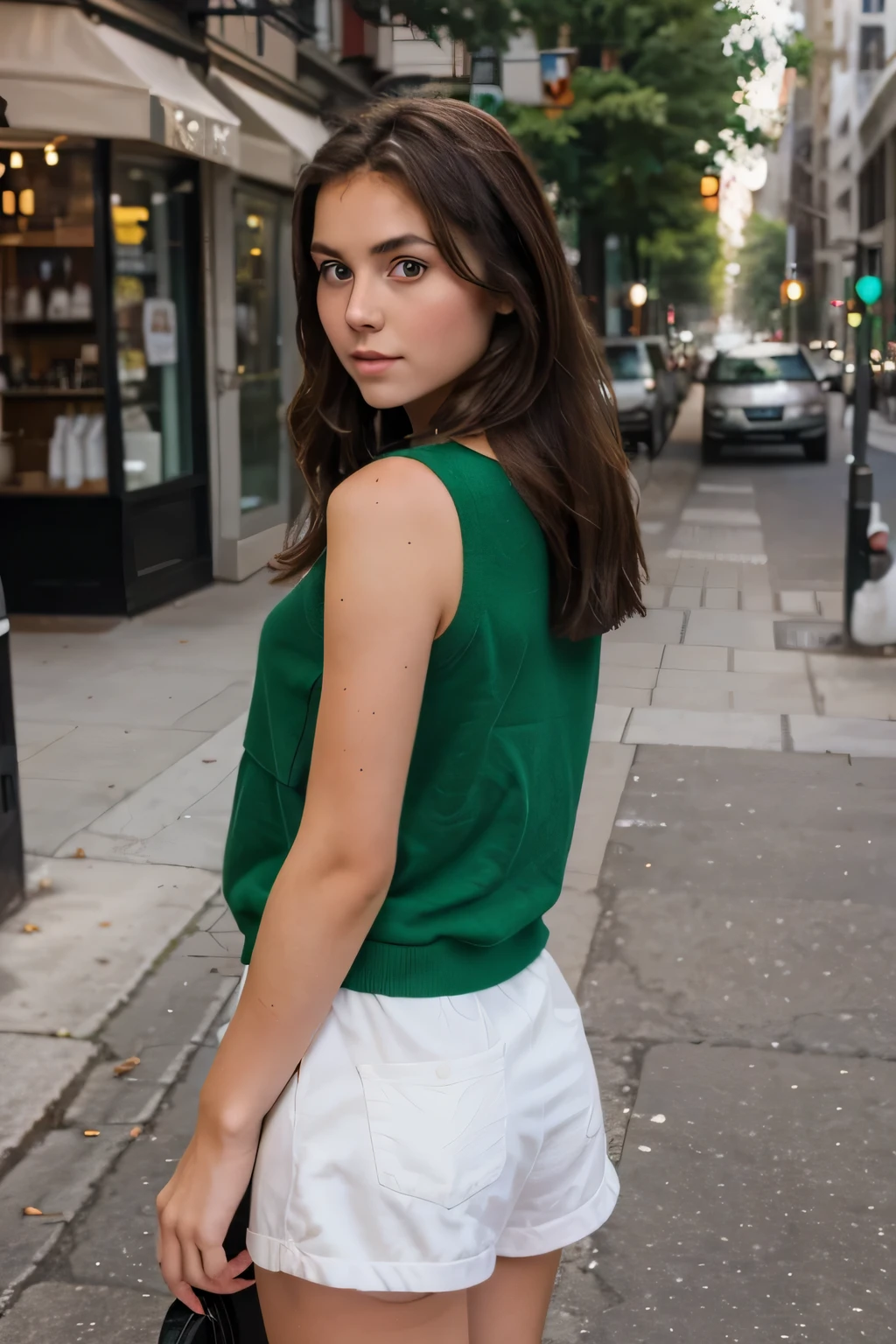 19 year old brunette girl with green eyes in the city